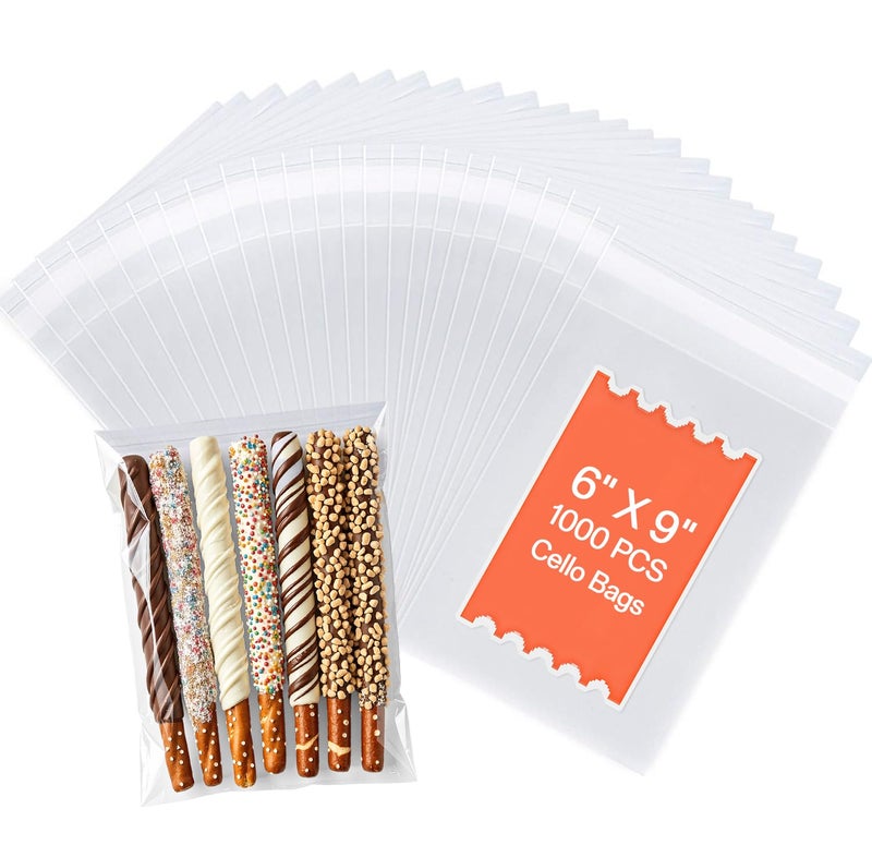 joybest 1000 Pack - 6 x 9 Inch Clear Cellophane Bags, Self Sealing Cello Plastic Poly Bags for Cookie, Treats, Candy, Cards, Photo, Prints - Image 1